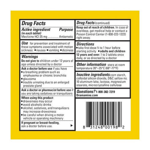 Dramamine, Motion Sickness Meclizine Hydrochloride Antiemetic Less Drowsy Tablets, 25 Mg, 8 Tabs Dramamine