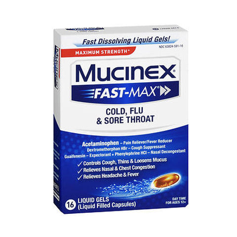 Mucinex, Fast Max Cold Flu And Sore Throat Liquid Gels Maximum Strength, 16 Caps Mucinex