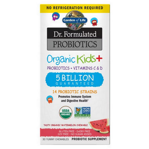 Dr. Formulated Probiotics Organic Kids + 5 Billion CFU Watermelon, 30 Chewable Tabs by Garden of Life