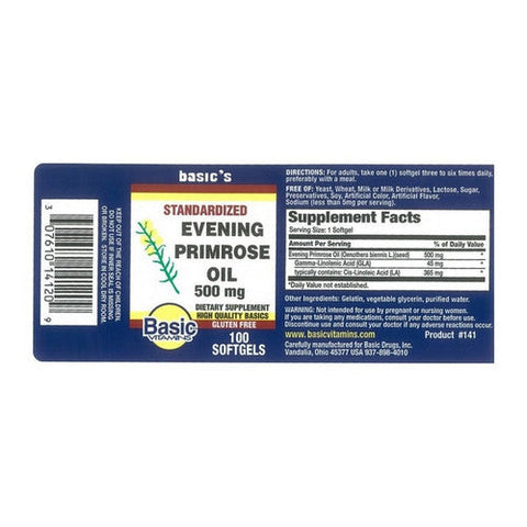 Basic Vitamins, Evening Primrose Oil, 500 Mg, 100 Softgels