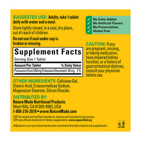 Nature Made, Potassium Gluconate, 90 Mg, 100 Tabs Nature Made
